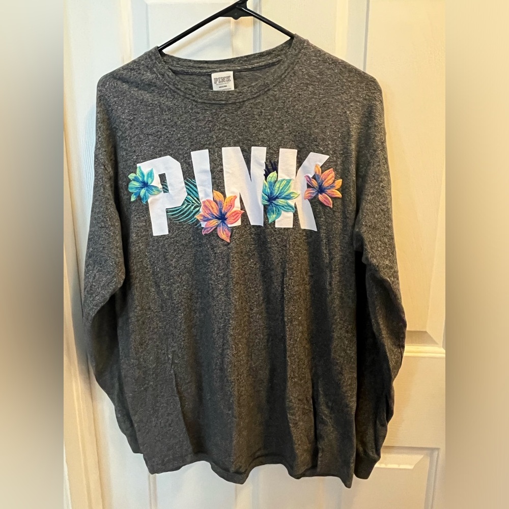 EUC PINK Long-sleeved Graphic Tee - Heathered Charcoal Gray - Sz Medium